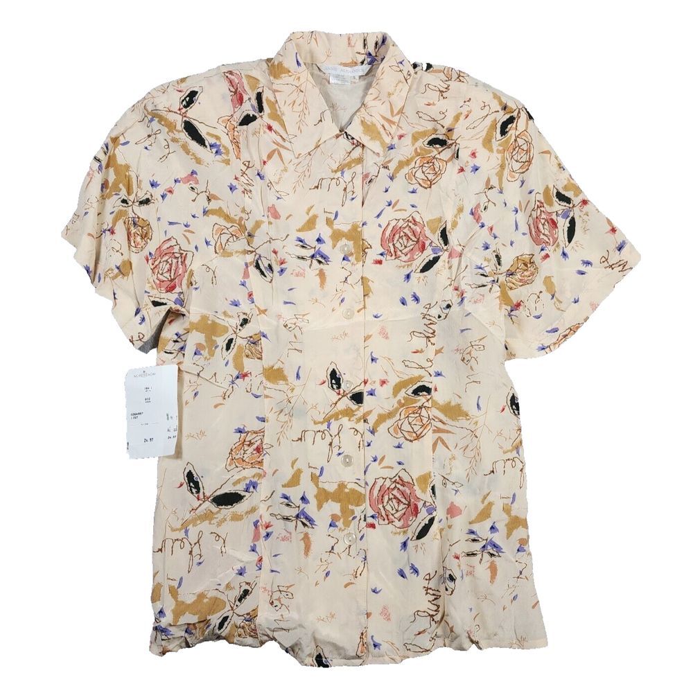 NWT Annie Alexander Sz S 100% Silk‎ Artsy Button Up Floral Abstract Blouse